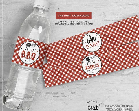 BBQ Baby Shower Water Bottle Labels - Digital Download - Cute Party Dash