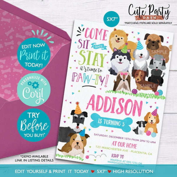 Puppy Birthday Party Invitation - Digital Download - Cute Party Dash