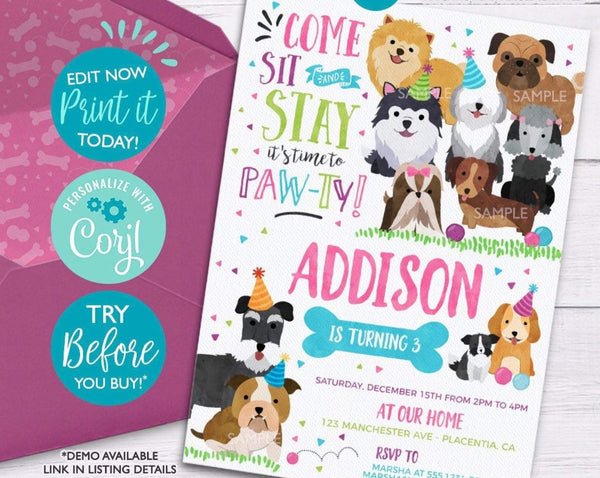Puppy Birthday Party Invitation - Digital Download - Cute Party Dash
