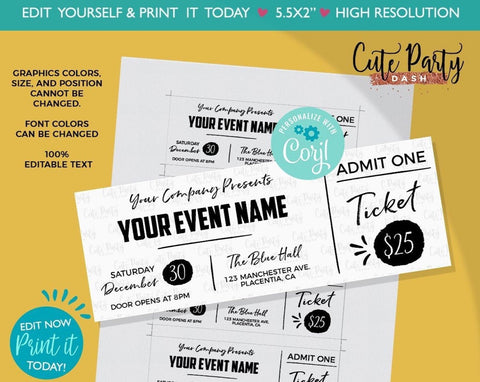 Event Ticket Template Printable Invitation - Digital Download - Cute Party Dash