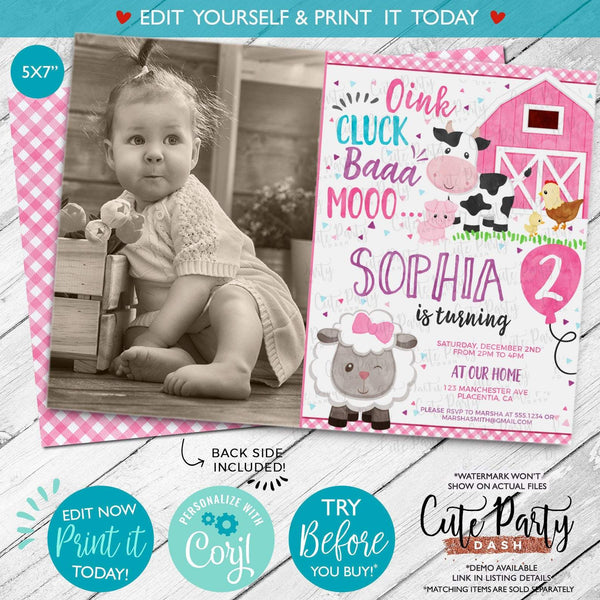 Farm Barnyard Birthday Party Photo Invitation - Digital Download - Cute Party Dash
