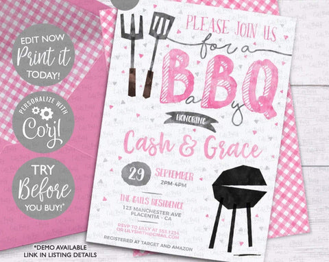 Pink BBQ Baby Shower invitation - Digital Download - Cute Party Dash