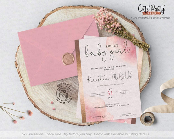 Pink watercolor and Faux Gold Baby Shower Diaper Raffle Printable Card - Digital Download - Cute Party Dash