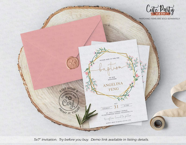 Floral Geometric Baptism Invitation - Digital Download - Cute Party Dash