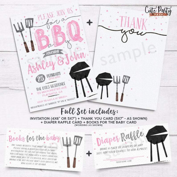 Pink BBQ Baby Shower invitation - Digital Download - Cute Party Dash