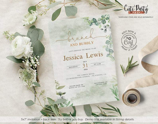 Eucalyptus Bridal Shower Brunch and Bubbly Greenery Invitation - Digital Download - Cute Party Dash