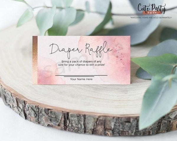 Pink watercolor and Faux Gold Baby Shower Diaper Raffle Printable Card - Digital Download - Cute Party Dash