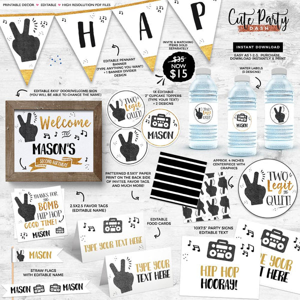 Two Legit To Quit Gold Black Birthday Party Invitation - Digital Download - Cute Party Dash