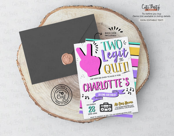 Two Legit To Quit Neon Birthday Party Invitation Girl - Digital Download - Cute Party Dash