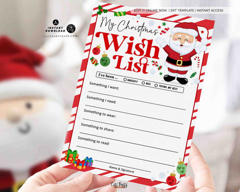 Christmas Wish List for kids Printable INSTANT DOWNLOAD Editable Christmas 5x7" Holidays Wish List template Santa Wish List, Letter to Santa