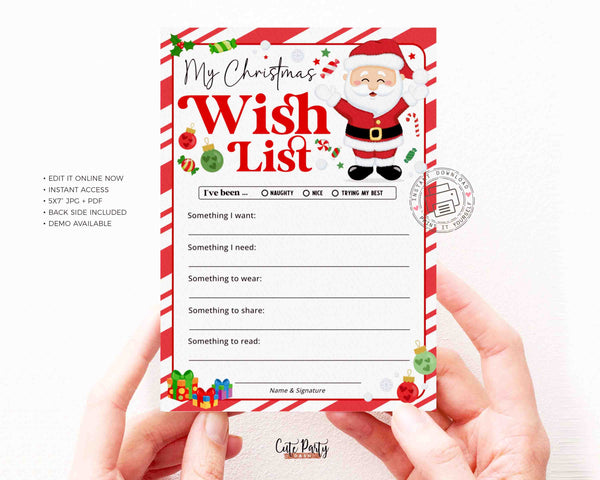 Christmas Wish List for kids Printable INSTANT DOWNLOAD Editable Christmas 5x7" Holidays Wish List template Santa Wish List, Letter to Santa