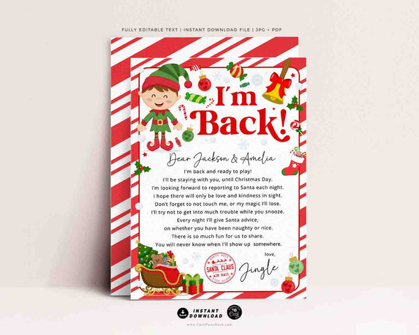 Elf I'm Back letter from Elf Printable INSTANT DOWNLOAD Hello Editable from Elf Welcome Letter Kids Christmas Printable Elf Note Return Mail