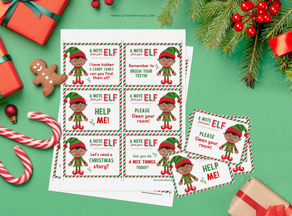 Elf Note Cards African American elf cards Printable Mischief EDITABLE Christmas A note from your Elf Card, Blank Elf, INSTANT DOWNLOAD 600