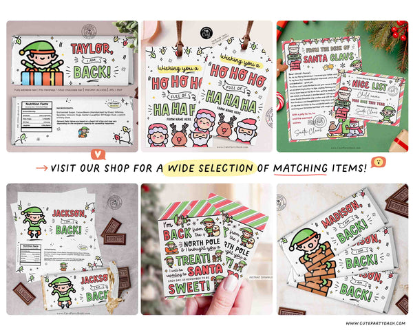 Christmas Elf I'm Back Chocolate Wrapper Printable INSTANT DOWNLOAD Editable Christmas Elf treat kit chocolate Candy bar label template FECH