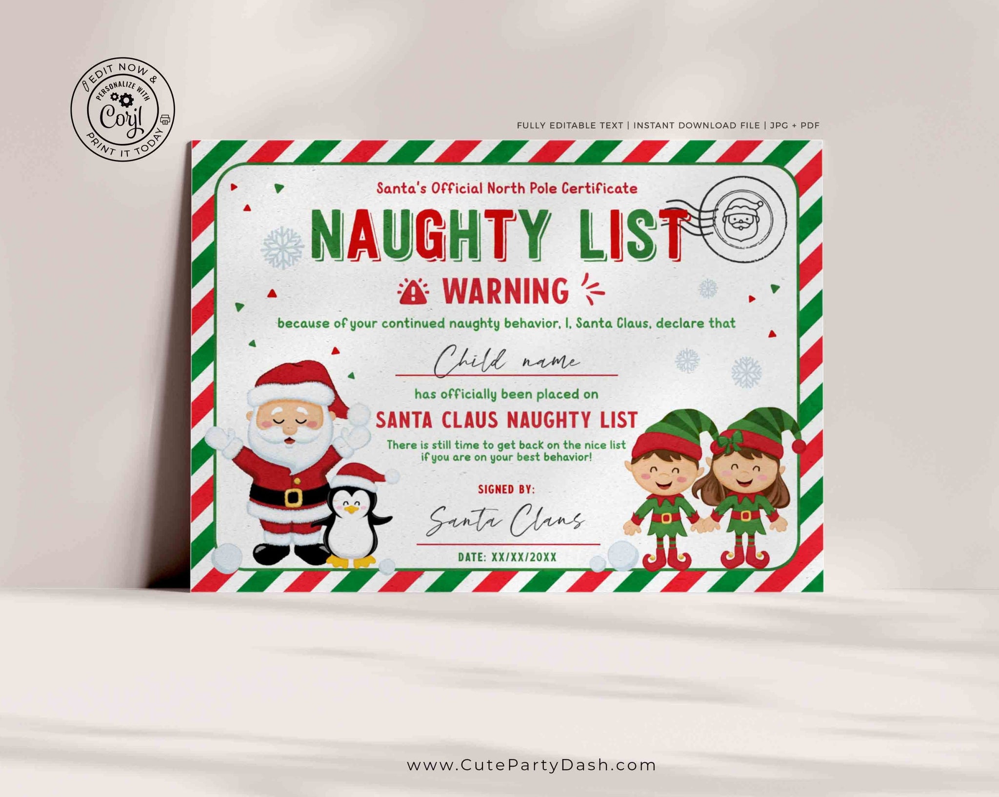 EDITABLE Santa Claus Official Naughty List Certificate Printable INSTANT DOWNLOAD Official Warning Letter Girl Boy Elf Letter Santa 600