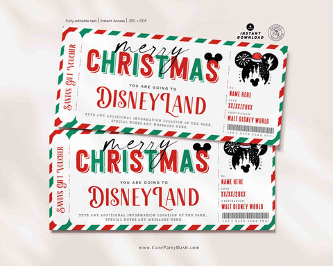 Christmas Disneyland Trip Gift Ticket, Christmas Surprise Walt Disney World Park Ticket Gift Voucher, Gift for Kids, teens INSTANT DOWNLOAD
