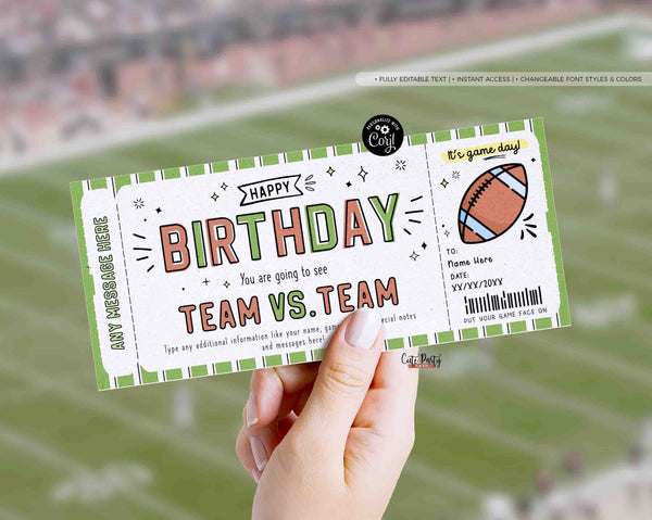 Football Game Ticket Gift Voucher INSTANT DOWNLOAD Editable Template Experience ticket Birthday Sports Event Game Ticket Fake admission