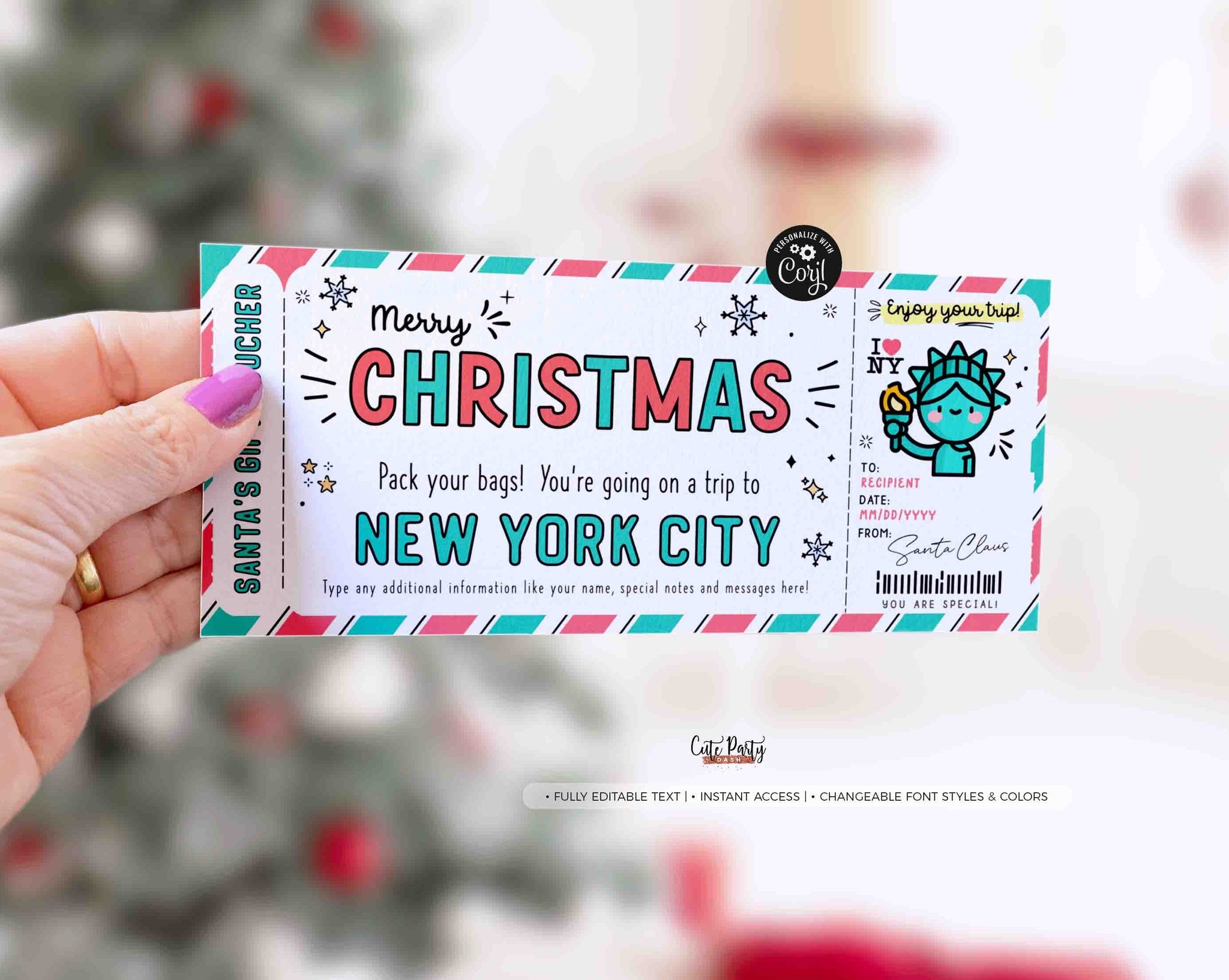 Christmas New York trip ticket Template, Editable Holiday gift ticket, Surprise NYC Vacation Boarding Pass Ticket Trip INSTANT DOWNLOAD Fech