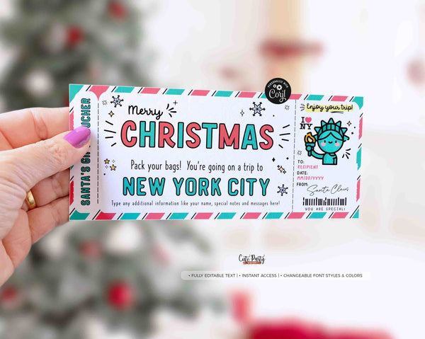 Christmas New York trip ticket Template, Editable Holiday gift ticket, Surprise NYC Vacation Boarding Pass Ticket Trip INSTANT DOWNLOAD Fech