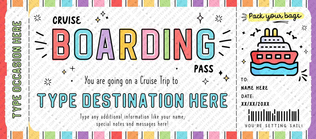 Cruise Boarding Pass Vacation Ticket Gift Voucher, Editable Gift Ticke –  Cute Party Dash