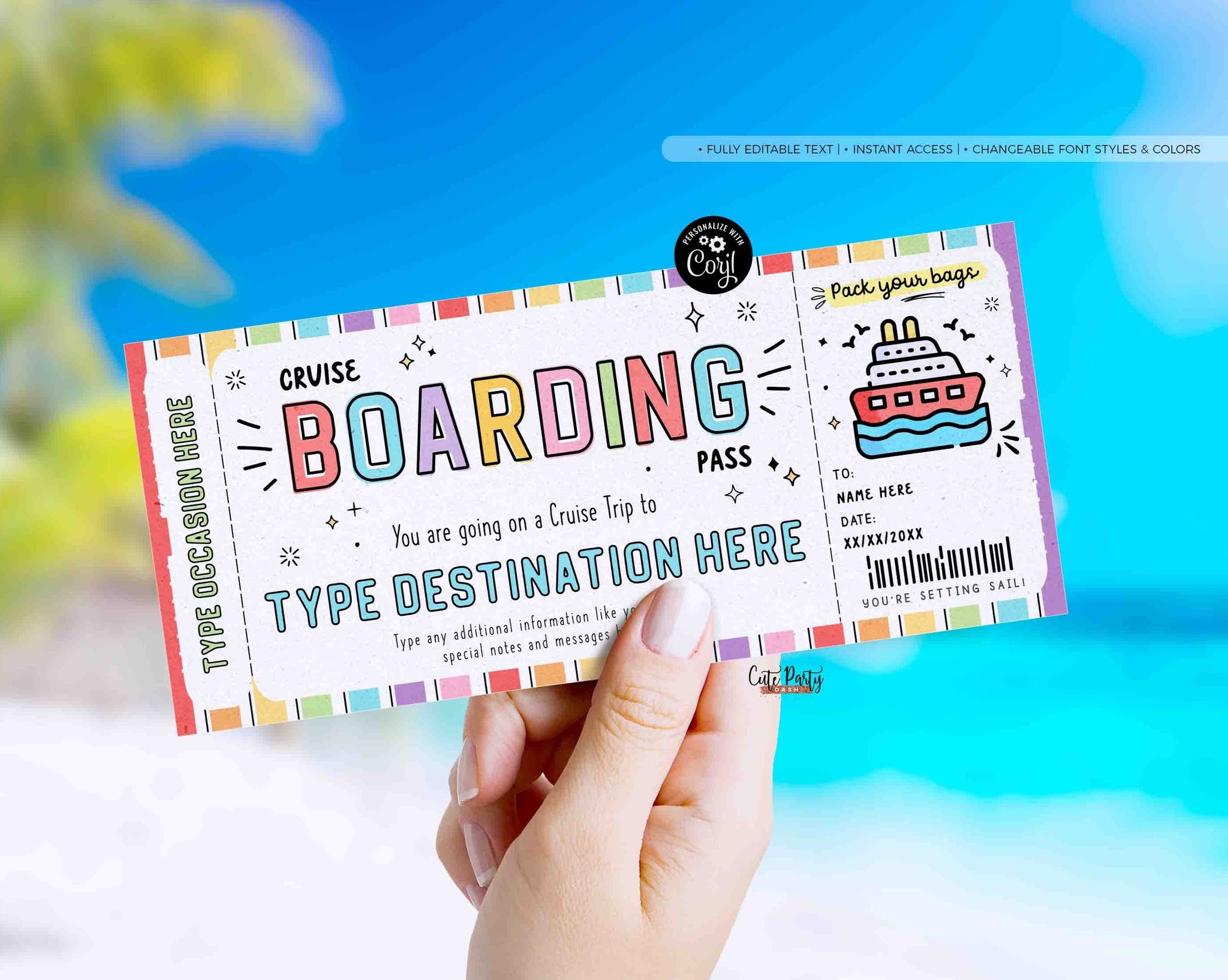 Cruise Boarding Pass Vacation Ticket Gift Voucher, Editable Gift Ticket Template, Surprise Cruise Trip gift ticket, INSTANT DOWNLOAD