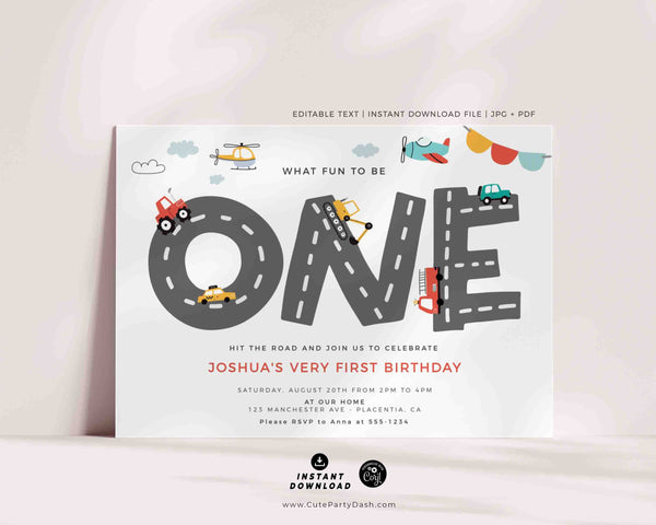 Transportation First Birthday Invite Printable INSTANT DOWNLOAD, Editable Cars & Trucks Birthday Invitation City Transportation party 509 P