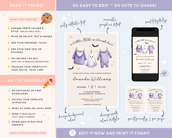 Little Boo Ghost Baby Shower Invitation: Boho Halloween Theme (Instant Download)