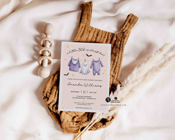 Little Boo Ghost Baby Shower Invitation: Boho Halloween Theme (Instant Download)