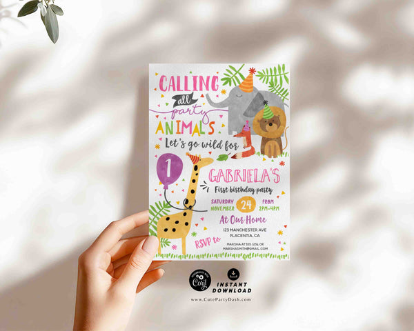 Party Animals Birthday Invitation INSTANT DOWNLOAD Calling All Party Animals Editable Zoo Birthday Pink Invite Printable Safari Girl 324