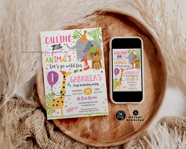 Party Animals Birthday Invitation INSTANT DOWNLOAD Calling All Party Animals Editable Zoo Birthday Pink Invite Printable Safari Girl 324