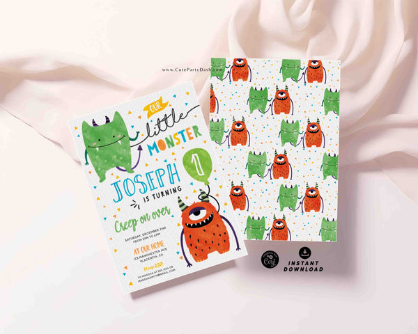 Little Monster First Birthday invitations INSTANT DOWNLOAD, EDITABLE Cute Monsters Birthday Party Printable Invite Any age Downloadable 325