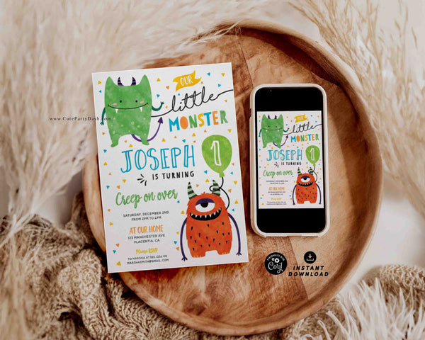 Little Monster First Birthday invitations INSTANT DOWNLOAD, EDITABLE Cute Monsters Birthday Party Printable Invite Any age Downloadable 325
