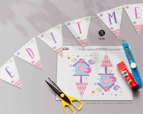 Little Bird Happy Birthday Wall Banner Printable INSTANT DOWNLOAD Bunting Party Decor, Pennant Flag Template Digital Download Bird Theme 330