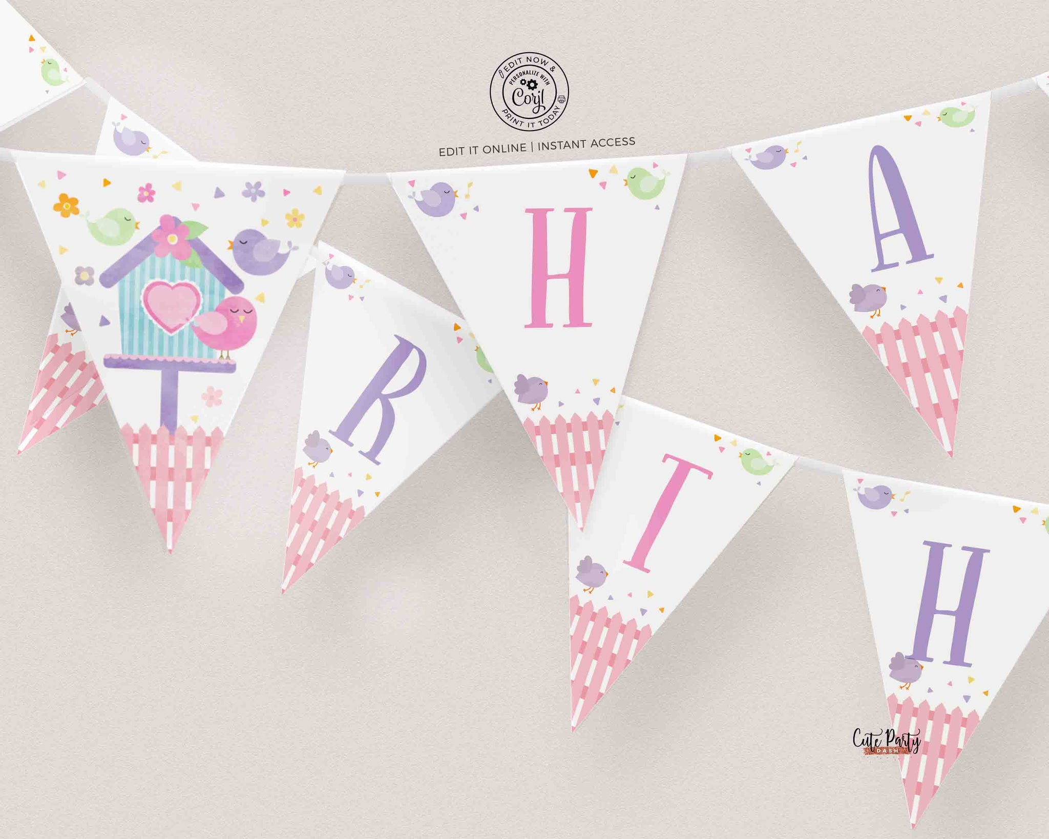 Little Bird Happy Birthday Wall Banner Printable INSTANT DOWNLOAD Bunting Party Decor, Pennant Flag Template Digital Download Bird Theme 330