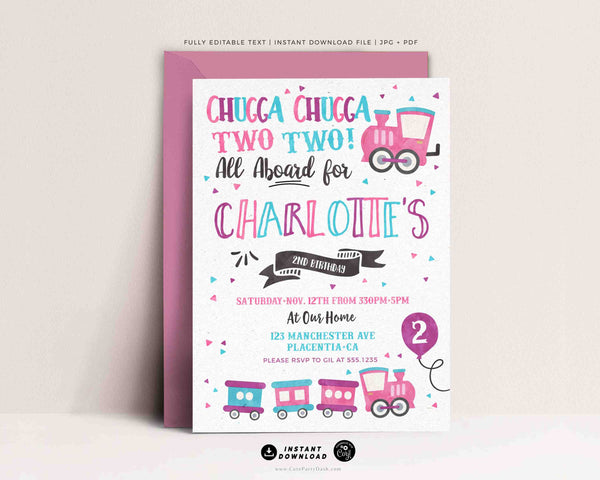 Chugga Chugga Choo Choo Train Birthday Party Girl Invitation Printable INSTANT DOWNLOAD Two Two Second birthday Pink Blue Train invite 361