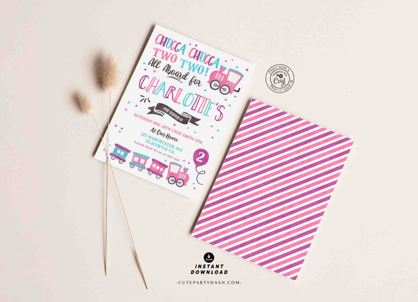 Chugga Chugga Choo Choo Train Birthday Party Girl Invitation Printable INSTANT DOWNLOAD Two Two Second birthday Pink Blue Train invite 361
