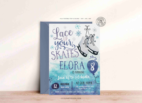 Ice Skating invitation Printable INSTANT DOWNLOAD EDITABLE Winter birthday Girl invitation Roller Skate Birthday Invite Skate On Over 365