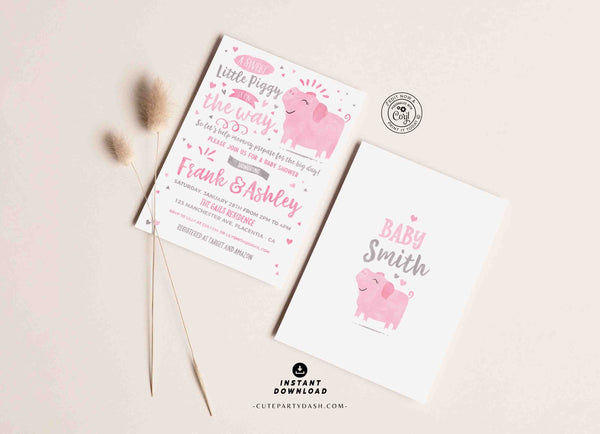 Little Piggy Baby Shower invitation printable INSTANT DOWNLOAD Piglet Baby Girl Shower invite couples co-ed baby shower pink grey pig
