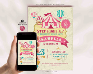 Circus Birthday Invitation Printable INSTANT DOWNLOAD Vintage Carnival Birthday Pink Girl Party invite Digital Ticket Circus Themed