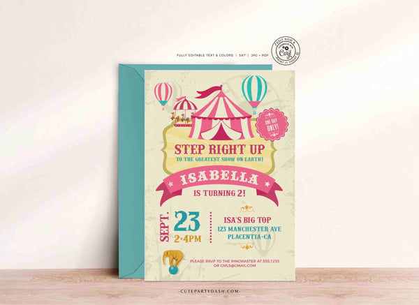 Circus Birthday Invitation Printable INSTANT DOWNLOAD Vintage Carnival Birthday Pink Girl Party invite Digital Ticket Circus Themed