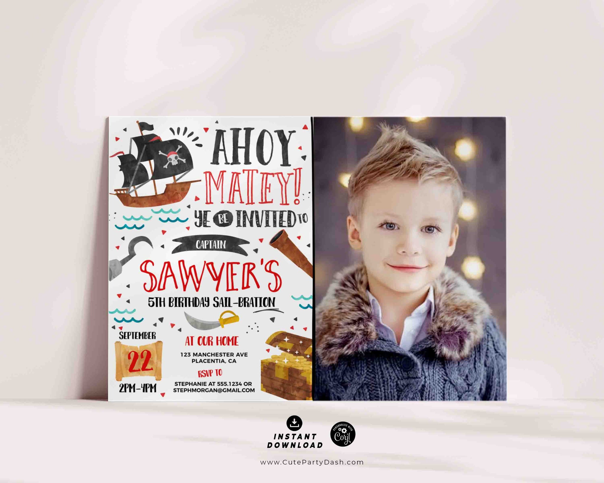 Pirate Birthday Invitation Printable INSTANT DOWNLOAD Editable Pirate Birthday Party Photo Invite Kids Pirate Party Ahoy Matey 409