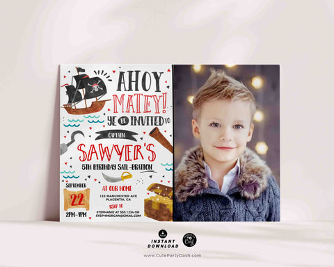 Pirate Birthday Invitation Printable INSTANT DOWNLOAD Editable Pirate Birthday Party Photo Invite Kids Pirate Party Ahoy Matey 409