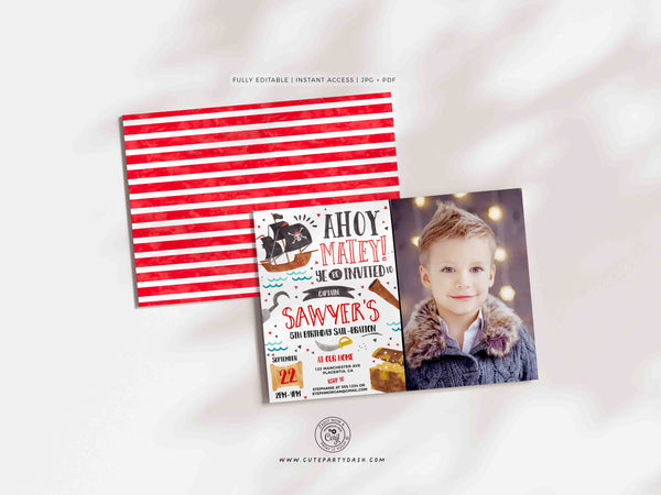 Pirate Birthday Invitation Printable INSTANT DOWNLOAD Editable Pirate Birthday Party Photo Invite Kids Pirate Party Ahoy Matey 409