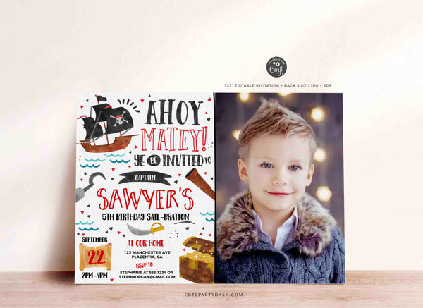 Pirate Birthday Invitation Printable INSTANT DOWNLOAD Editable Pirate Birthday Party Photo Invite Kids Pirate Party Ahoy Matey 409