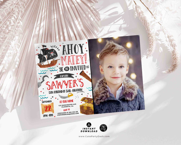 Pirate Birthday Invitation Printable INSTANT DOWNLOAD Editable Pirate Birthday Party Photo Invite Kids Pirate Party Ahoy Matey 409