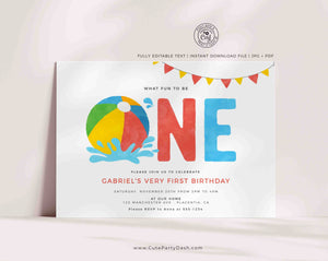 Pool Party First birthday invitation Printable INSTANT DOWNLOAD Swimming Pool Summer Beach Ball Birthday EDITABLE invite boy girl 427