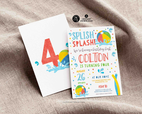 Editable Pool party invitation template Boy INSTANT DOWNLOAD Printable Pool Birthday Summer Theme digital invitation Beach Ball invite