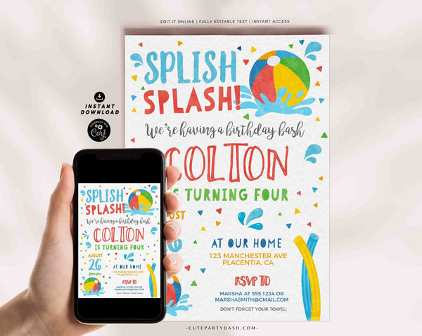 Editable Pool party invitation template Boy INSTANT DOWNLOAD Printable Pool Birthday Summer Theme digital invitation Beach Ball invite