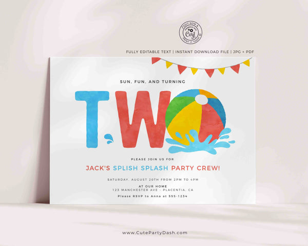 Pool Party Second birthday invitation Printable INSTANT DOWNLOAD Swimming Pool Summer Beach Ball 2nd Birthday EDITABLE invite boy girl 427