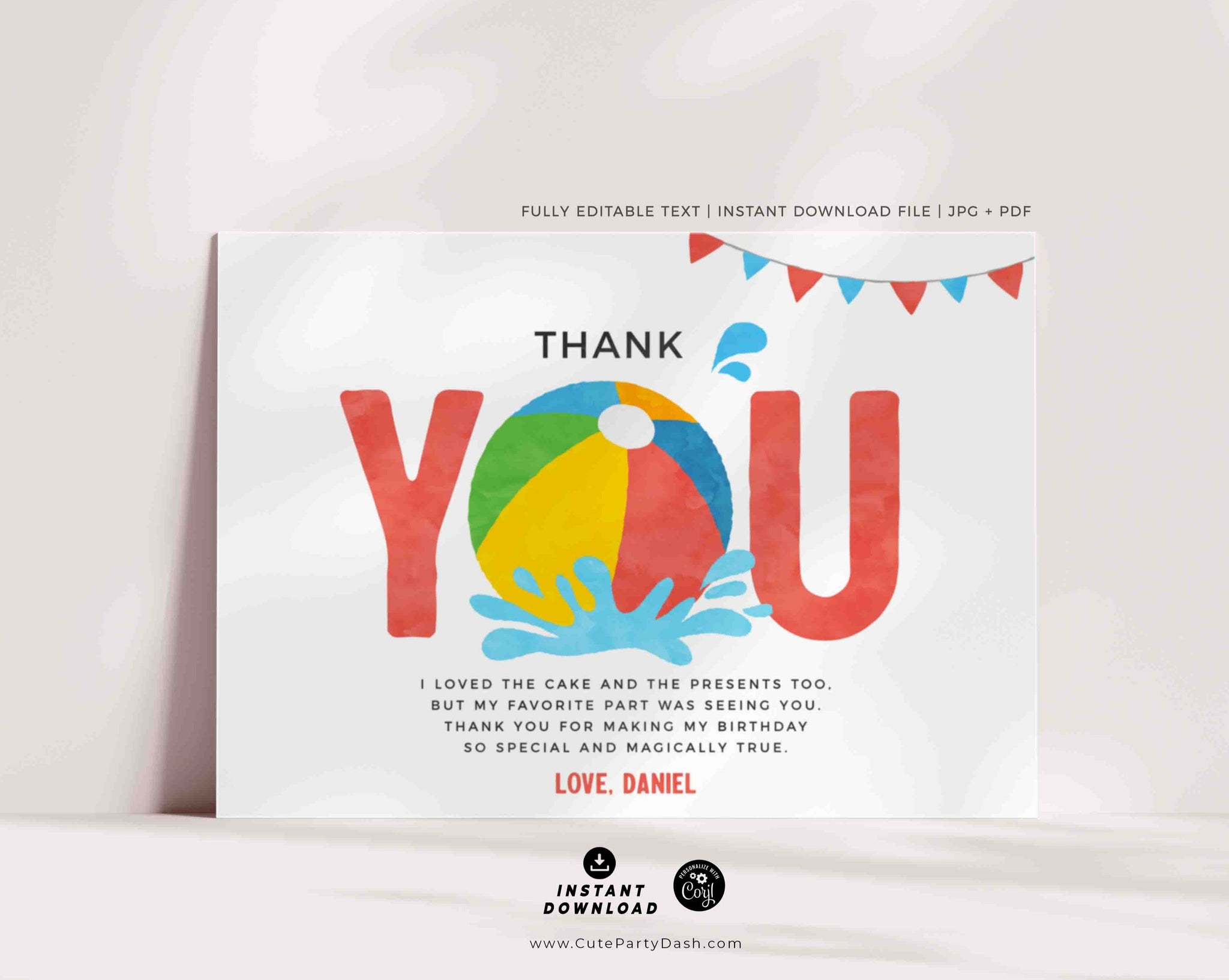 Pool Party birthday Thank you card Printable INSTANT DOWNLOAD Swimming Pool Summer Beach Ball Thank you note Birthday EDITABLE boy girl 427